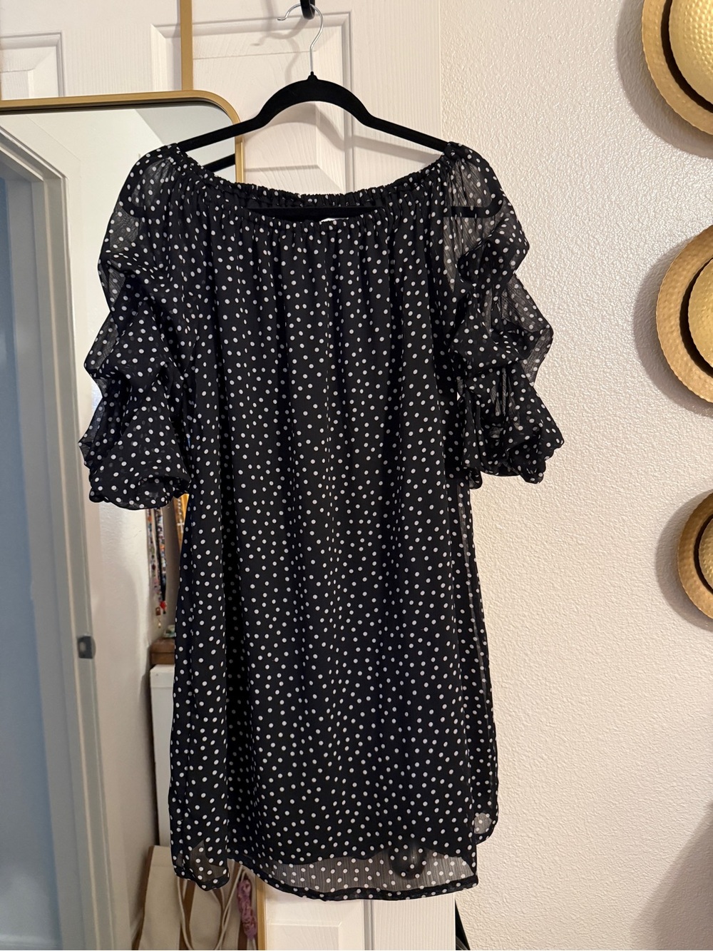 NWT J.B.S. Black and White Polka Dot Off-Shoulder Midi Dress
